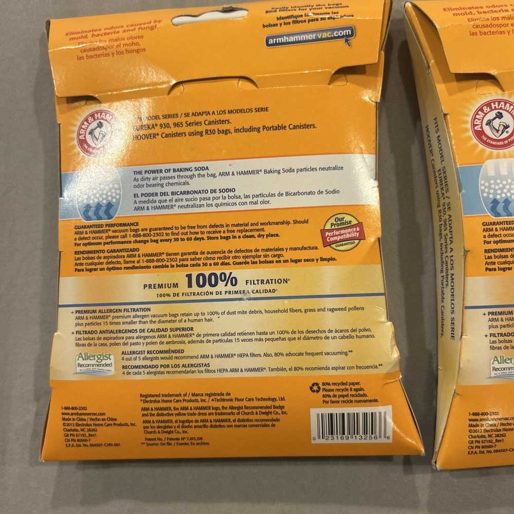 2 Pks Arm & Hammer Eureka/Hoover L R30 Odor Eliminating Vacuum Bags (3 per)‎ - Picture 2 of 7